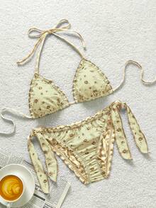 Soleia Women's Retro Colorful Leopard, Zebra, Floral Print Ruffled Halter Neck Tassel Decorated Beach Bikini Set Summer Vacation Bathing Suit - Apricot - View 2