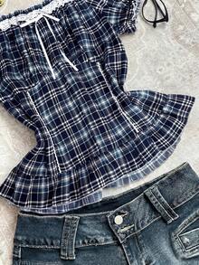 Attitoon Off-Shoulder Ruffle Trim Plaid Blouse, Cute Women Top, Brown - Blue - View 3