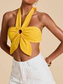 Travachic Women's Fashion Versatile Pleated Circular Hollow Halter Neck Tie Blouse,Summer Top - Yellow - View 8
