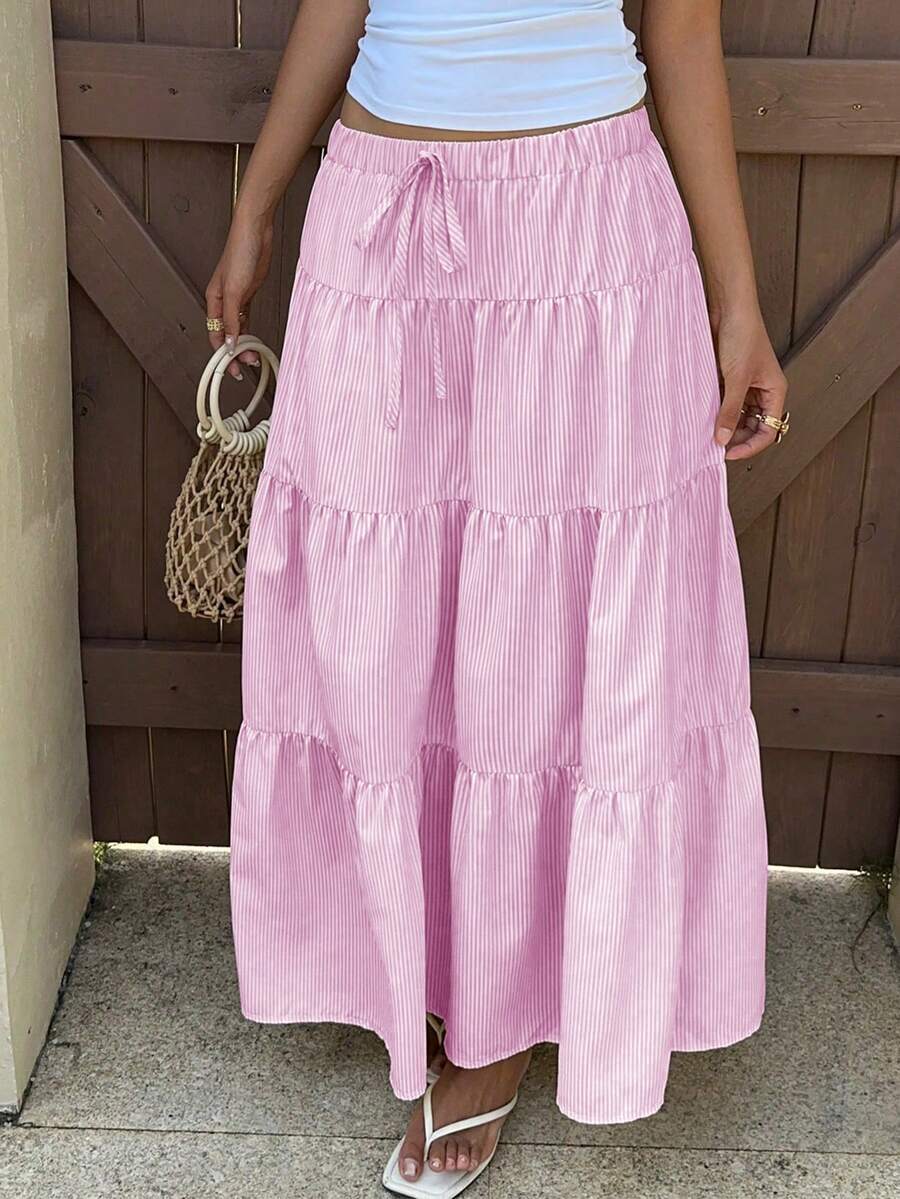 SHEIN 青少年女孩休閒日常百搭舒適夏季奶油黃條紋度假長裙 - 粉色 - 查看 1