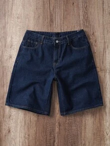Manfinity Joysei Pantalones cortos vaqueros azules bordados de estilo casual urbano para hombres - Azul lavado oscuro - Ver 2