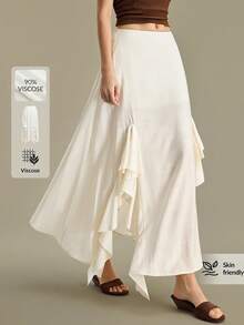 Ontre 2026SS Nuova estate Gonna ampia tinta unita bianca/beige da donna, minimalista ed elegante, stile urbano chic, con volant e vita elastica a pieghe, adatta per uscite, vacanze, feste, matrimoni, ufficio, scuola, gonna versatile di moda - Bianco - Visualizzare 1