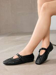 MOTF ZAPATOS PLANOS ELEGANTES Y VERSÁTILES PARA MUJERES, DE COLOR NEGRO TEJIDO CON HEBILLA AJUSTABLE - Negro - Ver 3