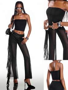 Airlisse Women's Fashion Pastal Bandeau Crop Top + Ruffle Trim Mesh Splice Casual Sexy Flare Leg Pants 2-Piece Set Golf Summer - Black - View 1