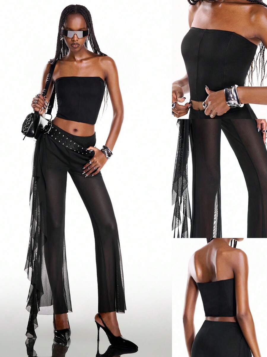 Airlisse Women's Fashion Pastal Bandeau Crop Top + Ruffle Trim Mesh Splice Casual Sexy Flare Leg Pants 2-Piece Set Golf Summer - Black - View 1