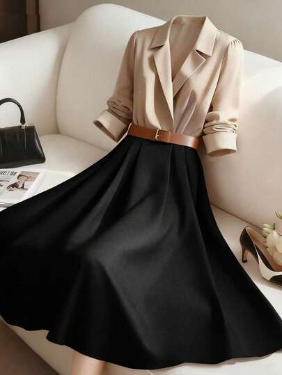 GlowEve CURVE Women Black And White Elegant Long Sleeve Shirt Dress,Color Block Waist Gathered A-Line For Tea Party,Fall Winter French Retro Business Daily Commute