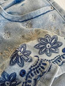 SHEIN 超低腰花卉刺绣斜插口袋水洗牛仔短裤 - 藍色 - 查看 4