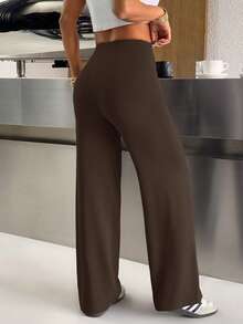 SHEIN EZwear 2件套女士纯色抽绳腰弹力针织裤套装 - 咖啡棕 - 查看 2