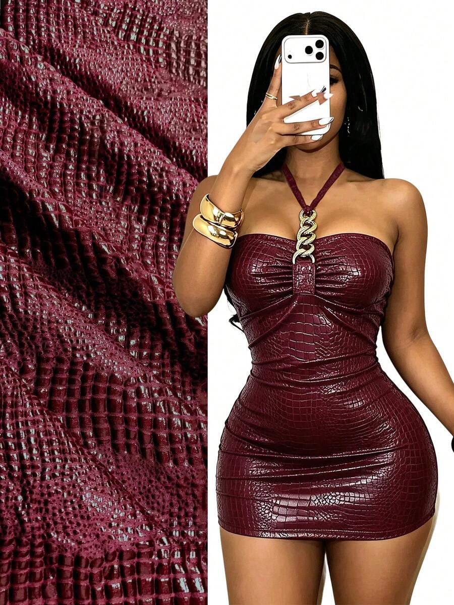 BamGleam Women's Sexy Solid Color Crocodile Embossed Metal Chain Halter Neck Dress - Burgundy - View 1