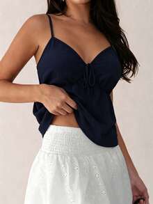 Rafferiza Plus Size Women Solid Color Front Tie Camisole - Blue - View 4