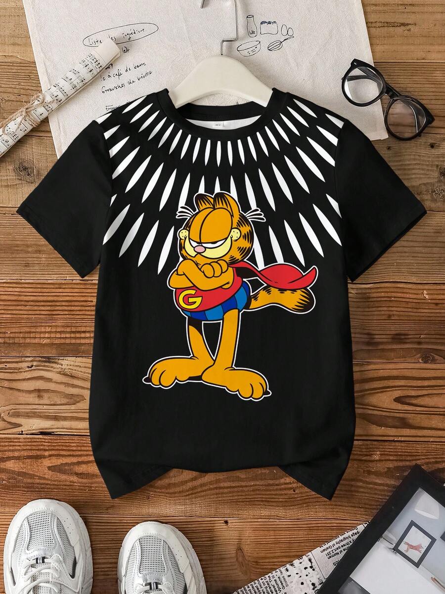 GARFIELD | SHEIN Áo thun ngắn tay in hình hoạt hình dễ thương, phong cách thường ngày, thời trang cho bé trai tuổi teen, thích hợp mặc đi làm hàng ngày, mùa hè. - trắng - Xem 1