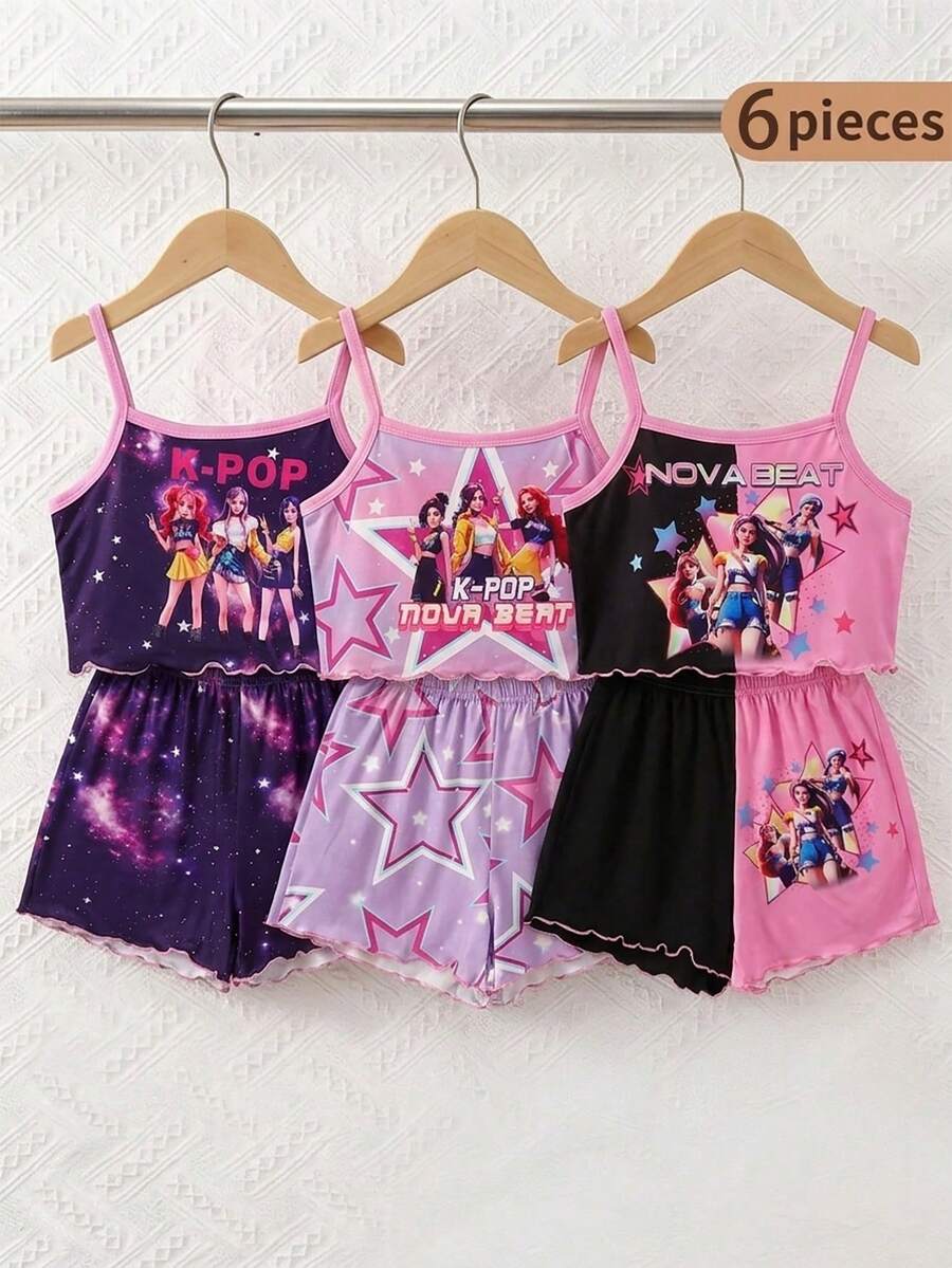 Elladie kids 3件套女童夏季休闲舒适卡通爱心印花蝴蝶结樱桃装饰背心短裤睡衣套装,适合青少年女孩 - 紫色 - 查看 1