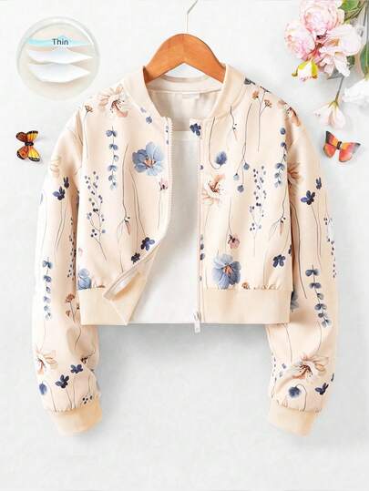 SHEIN Sparklyn Áo khoác bomber ngắn dáng rộng in họa tiết hoa lá cho bé gái, chất liệu nhẹ, thích hợp cho mùa thu.