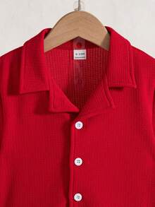 Baby Boy Summer Casual Solid Color Button-Front Shirt And Shorts Set - Red - View 3