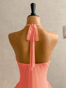 Soleia Women's Casual Vacation Sexy Ribbon Halter Bowknot Ruched Bodycon Dress, Suitable For Beach, Cruise, City - Coral Pink - View 6