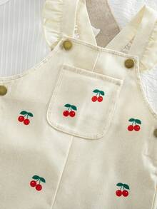 SHEIN Vintaside Kids 2件套女童休闲可爱纯色短袖上衣和花卉刺绣背带裤套装，适合春夏日常穿着 - 米色 - 查看 4