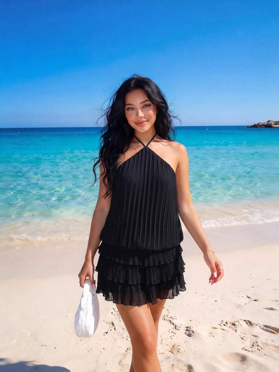 Sweetina 性感褶皱露背吊带迷你连衣裙 - 黑色 - 查看 1