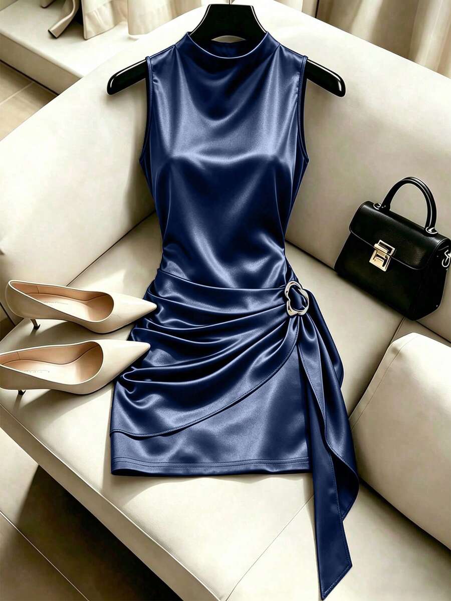 Franclia Women's Navy Blue Summer Elegant Sexy Night Out Satin Bodycon High Collar Metal Buckle Pleated Sleeveless Dress,Party Resort Valentine's Day Outfit - Royal Blue - View 1