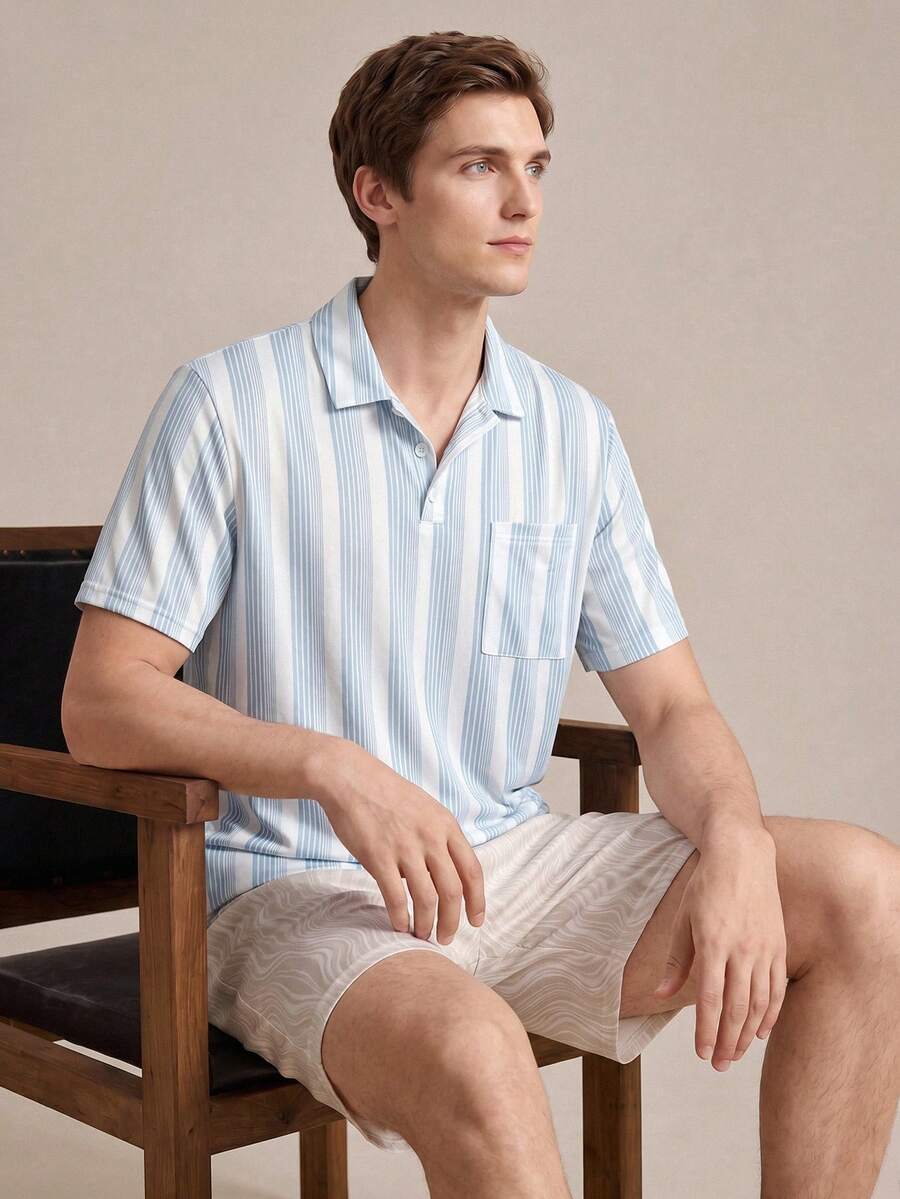 EverLounge 春夏时尚休闲复古条纹 Polo 衫和波浪印花短裤男士家居服套装 - 彩色 - 查看 1