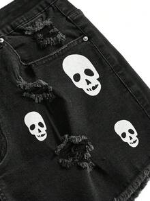 ROMWE Goth Plus Size Ripped Design Skull Print Stretchy Sexy 70's Mini Denim Shorts Black Versatile Date Night Rodeo Summer - Black - View 5
