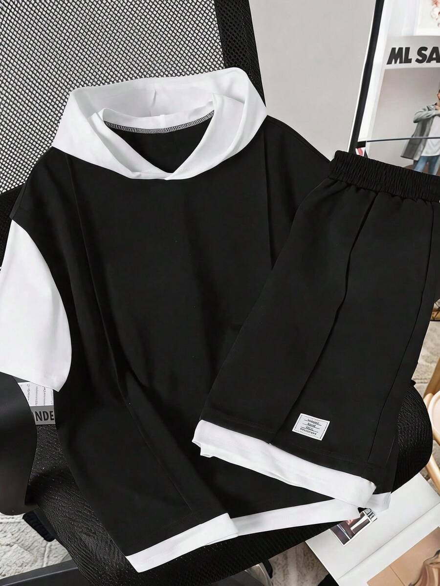 SHEIN 青少年男孩夏季休闲时尚街头日常通勤撞色短袖连帽衫T恤和短裤套装