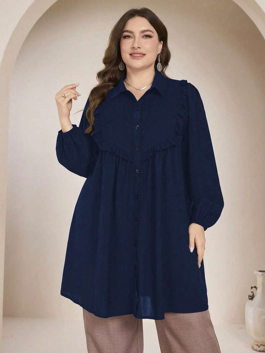 Graceveil Plus Size Casual Solid Color Long Sleeve Loose Regular Shirt, Spring/Autumn Fall - Navy Blue - View 1