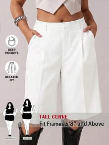 SHEIN Tall CURVE Plus Size Women's Solid Color Pleated Zip Pocket Casual Bermuda Shorts - White - View 3