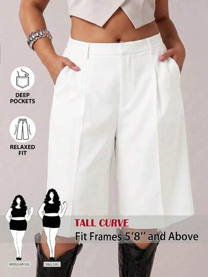 SHEIN Tall CURVE Plus Size Women's Solid Color Pleated Zip Pocket Casual Bermuda Shorts