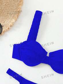 SHEIN Swim 女時尚夏季海灘純色褶飾比基尼套裝 - 寶藍色 - 查看 4