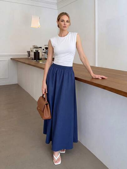 Easowa Women's Solid Color Crew Neck Cap Sleeve Top And Solid Color Maxi Skirt 2-Piece Set