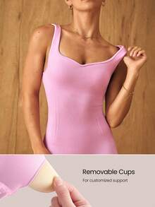 GLOWMODE 24" Ultrafine Soft Seamless Glow Ahead Ribbed Waist Removable Cups Sweetheart Neckline Bodysuit Medium Impact Training Running Workout Gym Wear - Pink - View 9
