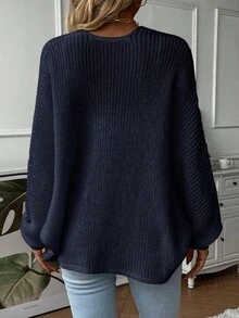 EMERY ROSE Women's Casual Solid Color Open Front Batwing Sleeve Cardigan - Navy Blue - View 2