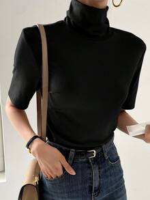 DAZY High Neck Solid Tee Summer,Business Casual Women Preppy Tops - Black - View 5
