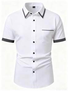 Manfinity Mode Kemeja Pria Kasual Bisnis, Model Single-Breasted dengan Saku Warna Kontras, Lengan Pendek, Formal - Putih - View 3