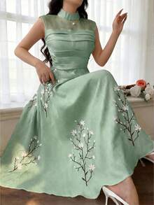 Feyla Women's Elegant Floral Embroidery Maxi Cami Dress  Green Dress  Wedding Guest Dress For Women Bridesmaid Dress  Luxury Evening Wedding Dress - Green - View 9