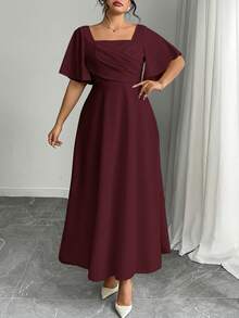 Modelyn Plus Size Red Short Sleeve Cinched Waist A-Line Knit Dress Square Straight Neckline Soft Smooth Drape Fabric Modest Elegant Smart Casual Chic - Burgundy - View 6