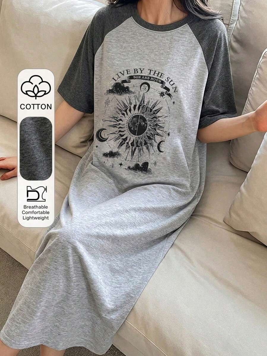 DAZY 太陽圖案插肩袖長洋裝,女款夏季睡衣睡袍 - 灰色 - 查看 1