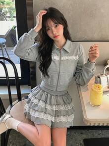 SHEIN MOD Women's Lapel Long Sleeve Lace Patchwork Short Sweatshirt,Back To School Clothes,Grey Sweatshirt,Casual Tops In Fall/Winter - Light Grey - View 4