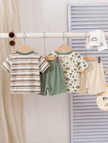 Baby Boy Dinosaur Print Round Neck Short Sleeve T-Shirt And Shorts Set, Casual Minimalist, Suitable For Spring/Summer - Multicolor - View 2