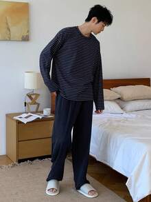 DAZY Navy Striped Top & Solid Color Elastic Waist Pants Men's Casual Pajama Set, Autumn, Fall Winter Clothes - Navy Blue - View 5