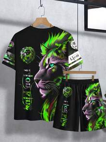 Fenqiro Ensemble t-shirt à col rond à manches courtes et short à taille élastique avec poches pour hommes, style vintage lion gothique - Multicolore - Voir 2