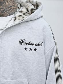 Devon Thys Men's Streetwear, Retro, Ins Style Hoodie, Knitted Hooded Cardigan, Sweatshirt, Plush Leopard Print Fabric, Luxury Quality, Brand Logo, Personalized, Streetwear, Casual, Fashion, Outdoor, Back To School, Holiday Gift, Boyfriend Gift, Husband Gift - Grey - View 3