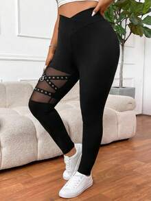 SHEIN PETITE CURVE 大码女式纯色基础日常打底裤 - 黑色 - 查看 6