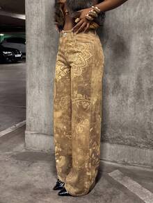 Jeanoix Jeans droits à jambes larges de style bohème rétro imprimé, mode décontractée grande taille Y2K - Tabac - Voir 4