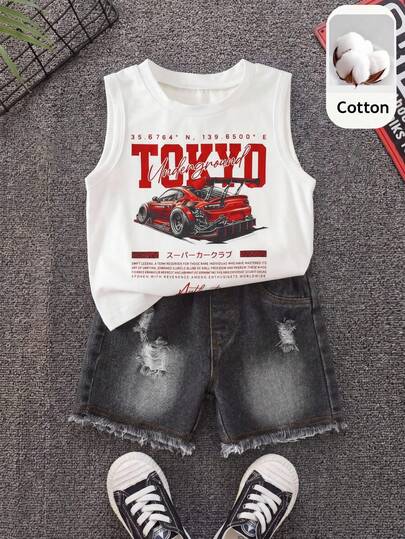 SHEIN 2pcs/Set Baby Boy Casual Cute Car Graphic Knit Tank Top & Denim Shorts Set, Tank Top Set, Denim Set, Racing Car Set