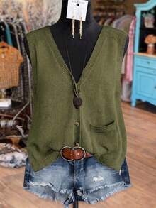 Linhara Plus Size Women's Solid Color Knitted V-Neck Button Front Sleeveless Casual Vest, Spring & Autumn Winter Fall - Dark Green - View 1