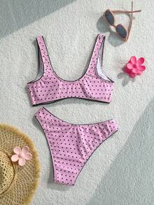 Swim Mod Women's Black Polka Dot Bikini 2-Piece Set With Ruffle Bow Decor, Sweet And Cute For Beach Vacation Wear Summer - Pink - View 4