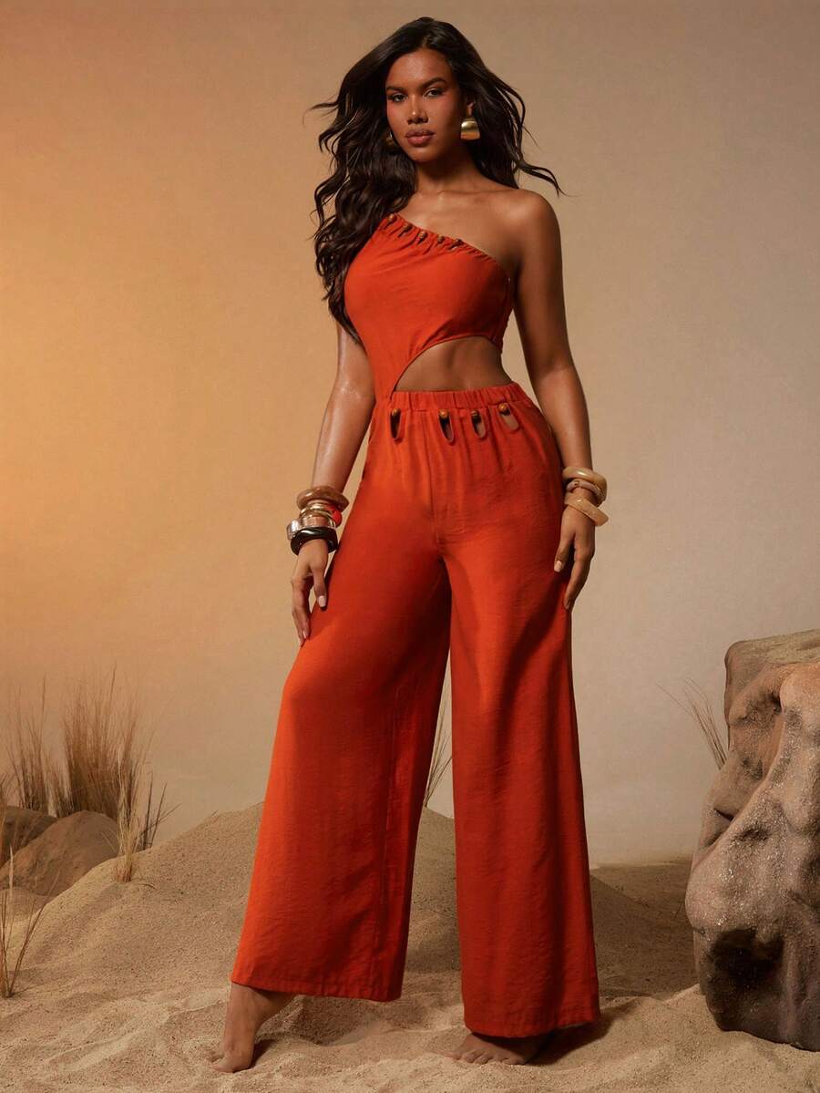 Hauture Combinaison sans manches avec découpe de couleur unie pour femmes - Rouge - Voir 1