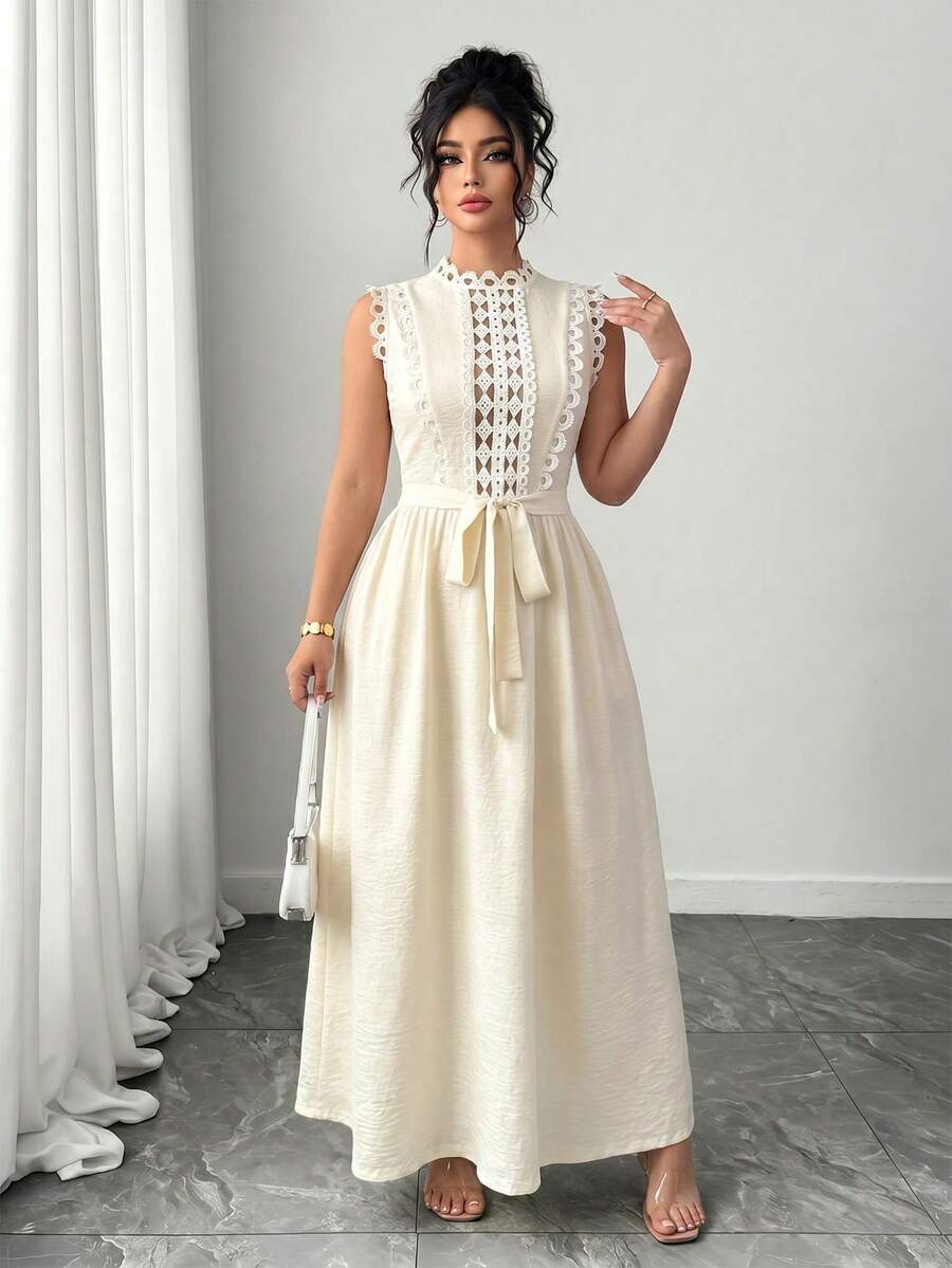 SHEIN Clasi Plus Size Women's New Elegant Casual Minimalist Vacation Lace Trim Hollow Out Textured All White Dress Brunch Party Summer - Apricot - View 1
