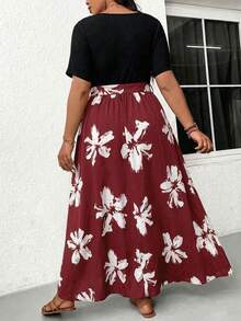SHEIN Frenchy Plus Size Solid Color Leopard Patchwork Simple Daily Short Sleeve Dress For Women Fall Clothes - Red - View 2